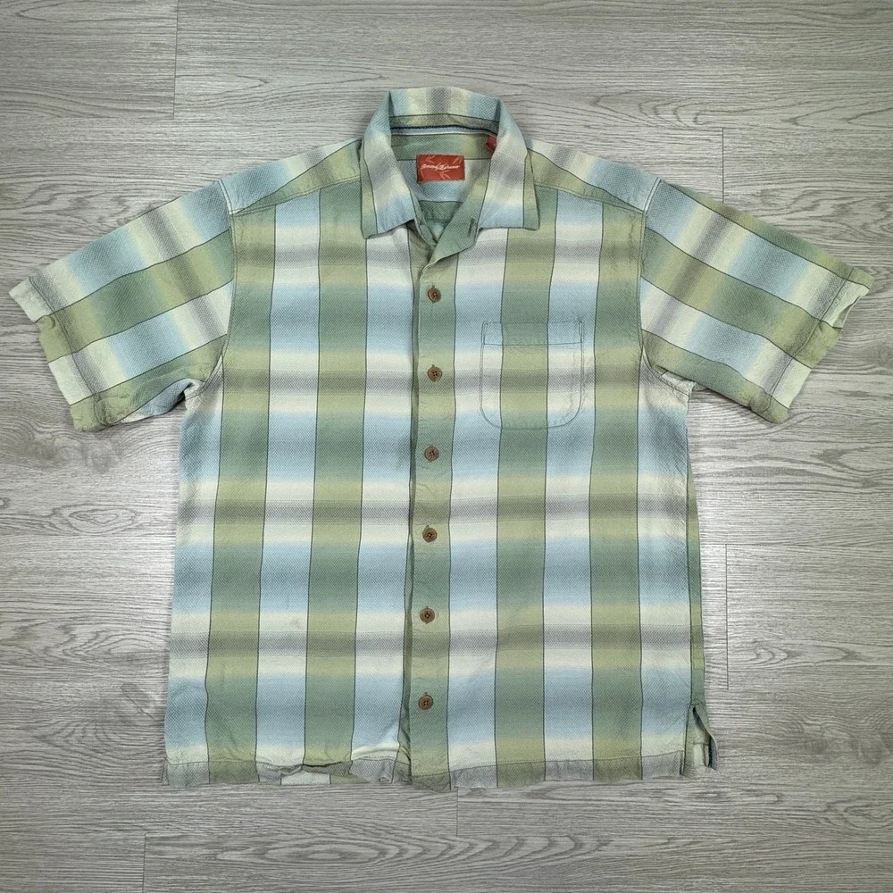 Tommy Bahama Mens Button Front Shirt Plaid Silk Green Blue Medium Short Sleeve